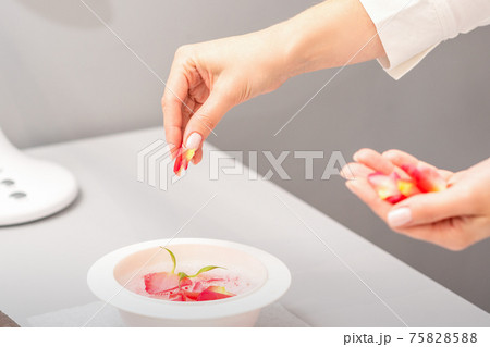 Beautician preparing manicure bath with petals 75828588