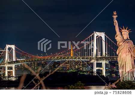 東京都港区台場から見た東京湾の夜景と自由の女神像 東京都港区台場から見た東京湾の夜景と自由の女神像 75828606