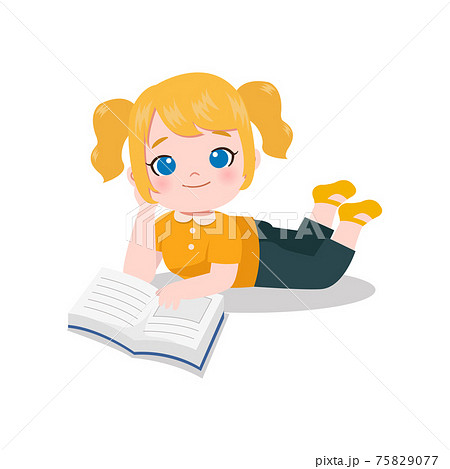 Cute girl lying on the floor to read a book. Flat vector cartoon design isolated on white 75829077