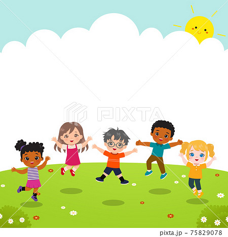 Cute kids playing and jumping in the garden. Preschool banner with white space. Flat vector cartoon style 75829078