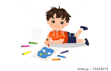 Cute boy drawing on the floor with pencil colors. Flat vector cartoon design isolated on white 75829079
