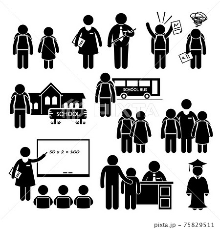 Student Teacher Headmaster School Children Stick Figure Pictogram Icon Clipart. A set of pictograms representing students, teacher, headmaster, and student's parent. 75829511