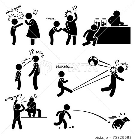 Naughty Bad Rude Rebellious Little Child Kid Boy Stick Figure Pictogram Icon. A set of human pictogram representing a bad little boy disrespecting adult. 75829692