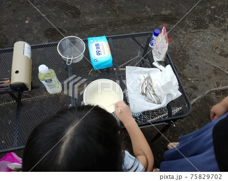 山中湖で釣ったワカサギをキャンプ場で天ぷらにする女の子 秋 9月 の写真素材