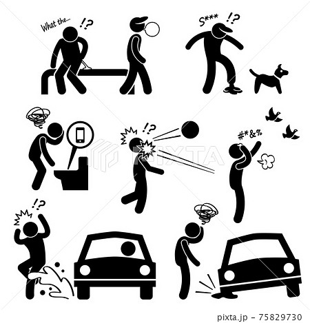 Unlucky Man Bad Luck People Karma Stick Figure Pictogram Icon. A set of pictograms representing unlucky man facing all sort of bad luck. 75829730