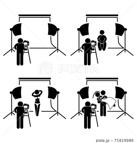Photographer Studio Photography Shoot Stick Figure Pictogram Icon. This is a set of pictograms that represent photographer taking pictures of a man, female model, and wedding couple in a studio. 75829986
