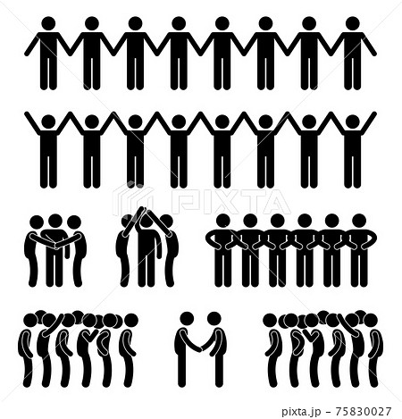 Man United Unity Community Holding Hand Stick Figure Pictogram Icon. A set of pictogram representing 's united and community. 75830027