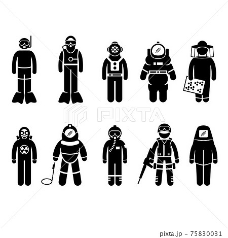 Scuba Diving Dive Deep Sea Spacesuit Biohazard Beekeeper Nuclear Bomb Airforce SWAT Volcano Protective Suit Gear Uniform Wear Stick Figure Pictogram Icon. Scuba Diving Dive Deep Sea Spacesuit Biohazard Beekeeper Nuclear Bomb Airforce SWAT Volcano Protective Suit Gear Uniform Wear Stick Figure Pictogram Icon. 75830031