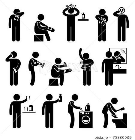 Man using Healthcare Product Hair Body Shampoo Lotion Facial Mask Eating Food Supplement Stick Figure Pictogram Icon. A set of pictogram representing man using products of different type. 75830039