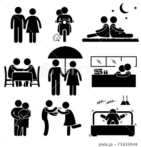 Lover Couple Boyfriend Girlfriend Sweetheart Relationship Activity Stick Figure Pictogram Icon. A set of pictogram representing lover couple activity. 75830048