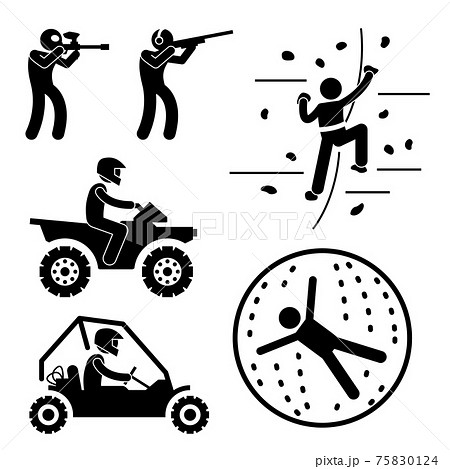 Extreme Tough Game for Man Paintball Clay Shooting Rock Climbing Quad Biking Zorb Ball Sport Stick Figure Pictogram Icon.  75830124