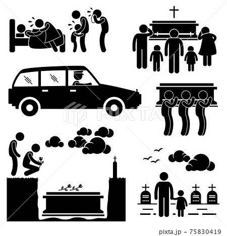 Man Funeral Burial Coffin Death Dead Died Stick Figure Pictogram Icon. A set of pictograms representing funeral and burial ceremony. 75830419