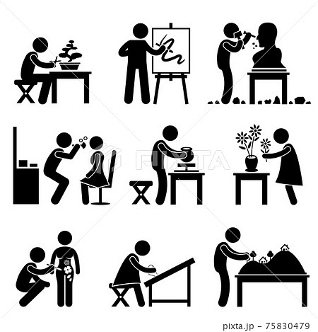 Art Artistic Work Job Occupation Stick Figure Pictogram Icon. A set of pictogram representing artist doing their artistic work. 75830479