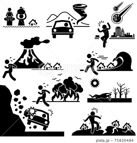 Disaster Doomsday Catastrophe Stick Figure Pictogram Icon. A set of pictogram representing disaster around the world. Disaster Doomsday Catastrophe Stick Figure Pictogram Icon. A set of pictogram representing disaster around the world. 75830484