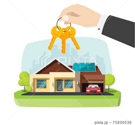 Real estate agent gives new house keys in hand near modern home apartment vector flat cartoon illustration, concept of success buying or selling property owner deal Real estate agent gives new house keys in hand near modern home apartment vector flat cartoon illustration, concept of success buying or selling property owner deal 75830536