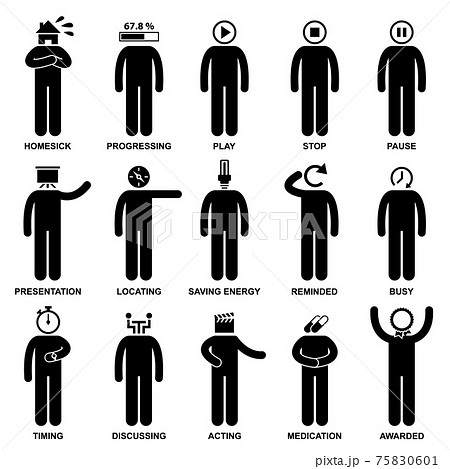 Man Emotion Feeling Expression Attitude Action Stick Figure Pictogram Icon. A set of pictogram representing the characteristic, behaviour, mind, attitude, identity, and personalities of a person. Man Emotion Feeling Expression Attitude Action Stick Figure Pictogram Icon. A set of pictogram representing the characteristic, behaviour, mind, attitude, identity, and personalities of a person. 75830601