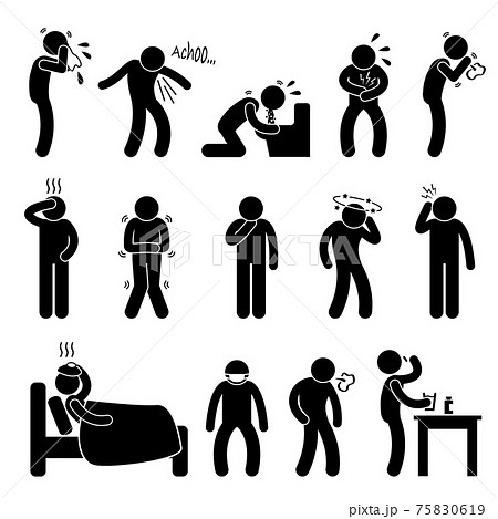 Sickness Illness Disease Symptom. A set of pictogram representing sick with symptom such as sneeze, cough, vomit, diarrhea, cough, hedache, dizzy, cold, flu, and fatigue. 75830619