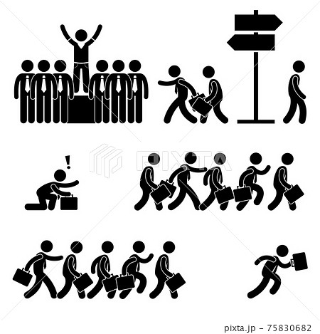 Standing Out of the Crowd Successful Business Competition Career Stick Figure Pictogram Icon. A set of pictogram representing the concept of standing out among the crowd in business world. 75830682