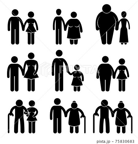 Man Woman Couple Lover Boyfriend Girlfriend Husband Wife Old Young Tall Short Thin Fat Stick Figure Pictogram Icon. A set of pictogram representing couple combination of different type of 's size. 75830683
