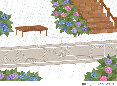 雨の降る紫陽花の咲く街並み 3dイラストのイラスト素材