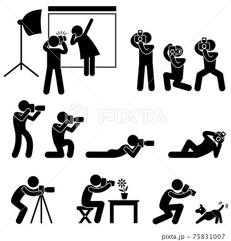 Photographer Cameraman Paparazzi Pose Posing Icon Symbol Sign Pictogram. A set of pictograms representing photographer, cameraman, and paparazzi. 75831007