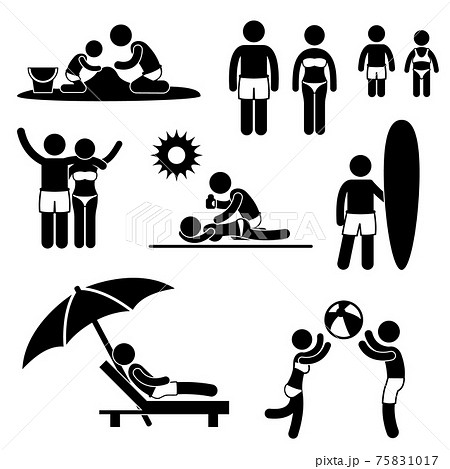 Family Summer Beach Holiday Vacation Icon Symbol Sign Pictogram. A set of pictogram representing summer holiday on the beach. Family Summer Beach Holiday Vacation Icon Symbol Sign Pictogram. A set of pictogram representing summer holiday on the beach. 75831017