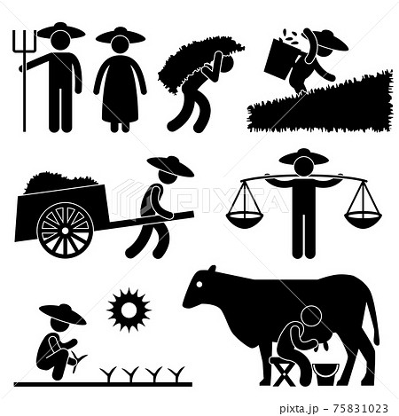 Farm Farmer Worker Farming Countryside Village Agriculture Icon Symbol Sign Pictogram. A set of pictogram showing farmer and agriculture industry. Farm Farmer Worker Farming Countryside Village Agriculture Icon Symbol Sign Pictogram. A set of pictogram showing farmer and agriculture industry. 75831023