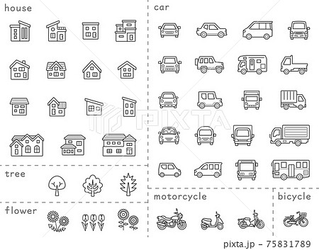 家と車と二輪車と植物のアイコンセット(ぬりえ用未拡張の線のみ)分類バージョン 家と車と二輪車と植物のアイコンセット(ぬりえ用未拡張の線のみ)分類バージョン 75831789