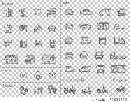 家と車と二輪車と植物のアイコンセット ぬりえ用未拡張の線のみ 分類バージョンのイラスト素材 7517