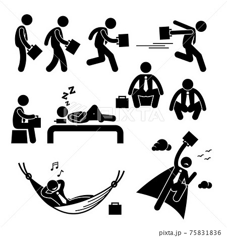 Businessman Business Man Walking Running Sleeping Flying Stick Figure Icon. Business poses and action of standing, walking, running, dashing, sitting, sleeping, squatting, resting relaxing on ha Businessman Business Man Walking Running Sleeping Flying Stick Figure Icon. Business poses and action of standing, walking, running, dashing, sitting, sleeping, squatting, resting relaxing on ha 75831836