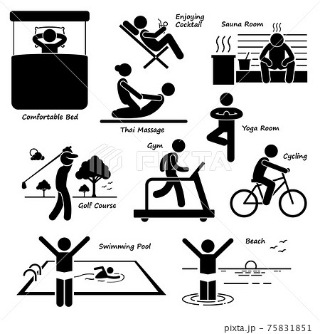Resort Villa Hotel Holiday Vacation Tourist Activity Stick Figure Pictogram Icons. A set of human pictogram representing the activities, facilities, and services in a villa resort for a tourist.  75831851