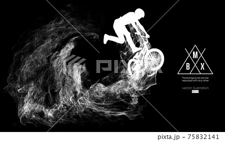 Abstract silhouette of a bmx rider on the dark, black background from particles, dust, smoke, steam. Bmx rider jumps and performs the trick. Background can be changed to any other. Vector illustration 75832141
