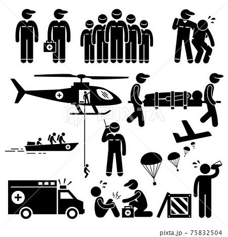 Emergency Rescue Team Stick Figure Pictogram Icons. A set of human pictogram representing emergency rescue team and paramedic saving life of injured victims with helicopter, boat, and ambulance.  75832504