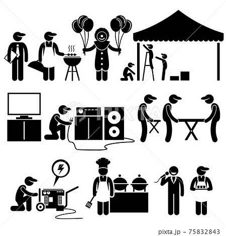 Celebration Party Festival Event Services Stick Figure Pictogram Icons. Human pictogram representing event setup services business.  75832843
