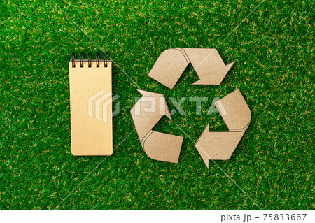 Craft paper on grass, recycling concept, top view 75833667