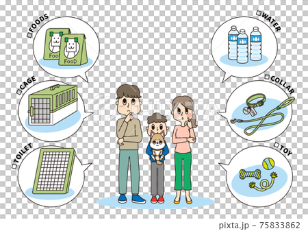 ペットの愛犬と災害からの避難を考える家族 ペットの愛犬と災害からの避難を考える家族 75833862