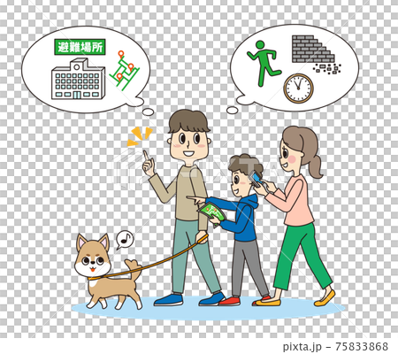 Family thinking about evacuation routes from pet dogs and disasters 75833868