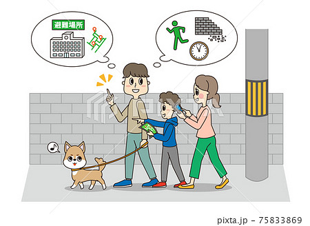 ペットの愛犬と災害からの避難ルートを考える家族 75833869