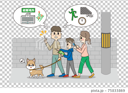 Family thinking about evacuation routes from pet dogs and disasters 75833869