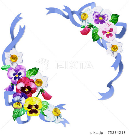 水彩で描いた春色パンジーと水仙のおしゃれな花束リボンフレームのイラスト素材