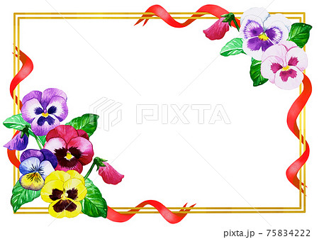 華やか金枠と水彩で描いた春色パンジーの花束リボンフレームのイラスト素材