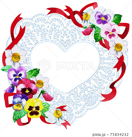 清楚なハートのレースペーパーを囲む春色水彩のパンジーと水仙の花束のイラスト素材