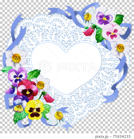 清楚なハートのレースペーパーを囲む春色水彩のパンジーと水仙の花束のイラスト素材