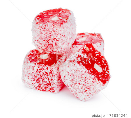 Close up of red Turkish Delight sweets isolated on white 75834244