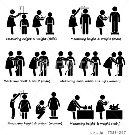 Measuring Body Height, Weight, and Size for Baby, Child, Woman, and Man. Human pictogram stick figures showing people measuring height, weight, size for baby, children, man, and woman. Measuring Body Height, Weight, and Size for Baby, Child, Woman, and Man. Human pictogram stick figures showing people measuring height, weight, size for baby, children, man, and woman. 75834297