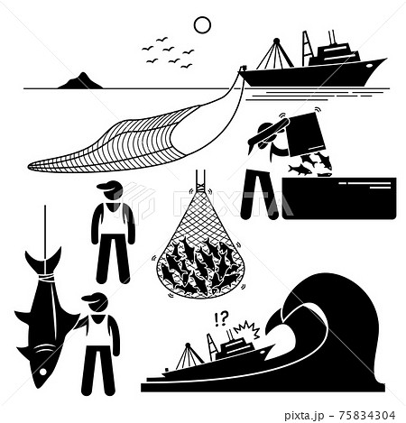 Fisherman working on fishery industry at industrial level on large boat ship. Human pictogram stick figures showing the fishery industry with large boat and big net in the sea.  75834304