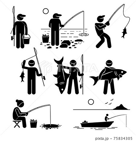 Man fishing big and small fish at river, lake, ice and sea with small boat for recreation. Human stick figures showing a man fishing on various places and he is enjoying this recreational pursuit. Man fishing big and small fish at river, lake, ice and sea with small boat for recreation. Human stick figures showing a man fishing on various places and he is enjoying this recreational pursuit. 75834305