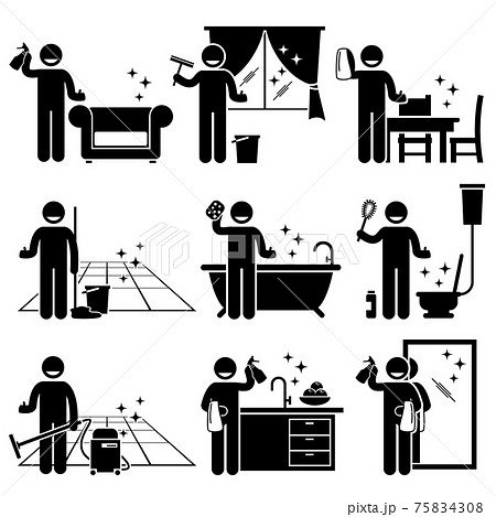 Man washing and cleaning house sofa, windows, wooden furniture, floor, bathtub, toilet bowl, kitchen, and mirror at home.  75834308