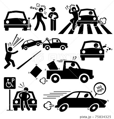 Bad Car Driver Furious Driving Pictogram. An angry man scolding a police traffic who clamp his car. A reckless driver is speeding on zebra crossing and almost hit a pedestarian.  75834325