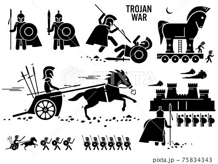 Trojan War Horse Greek Rome Warrior Troy Sparta Spartan Stick Figure Pictogram Icons. Set of human pictogram representing the Trojan war historical event. Trojan War Horse Greek Rome Warrior Troy Sparta Spartan Stick Figure Pictogram Icons. Set of human pictogram representing the Trojan war historical event. 75834343